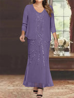 Plus Size V Neck Ankle Sheath Dress With Sequins Jacket For Mother Of The Bride
