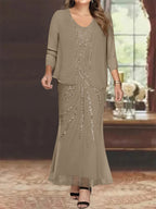 Plus Size V Neck Ankle Sheath Dress With Sequins Jacket For Mother Of The Bride