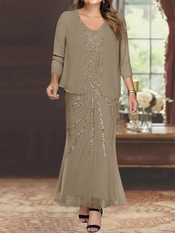 Plus Size V Neck Ankle Sheath Dress With Sequins Jacket For Mother Of The Bride