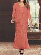Plus Size V Neck Ankle Sheath Dress With Sequins Jacket For Mother Of The Bride