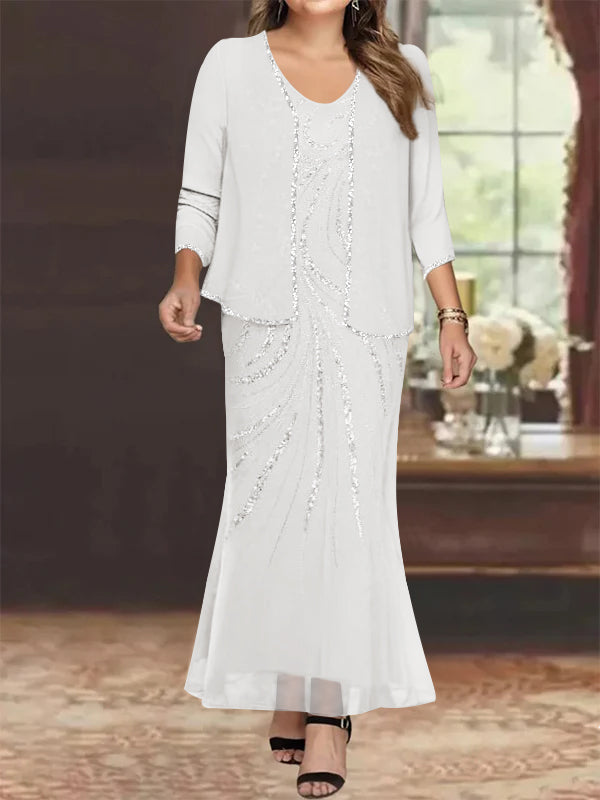 Plus Size V Neck Ankle Sheath Dress With Sequins Jacket For Mother Of The Bride