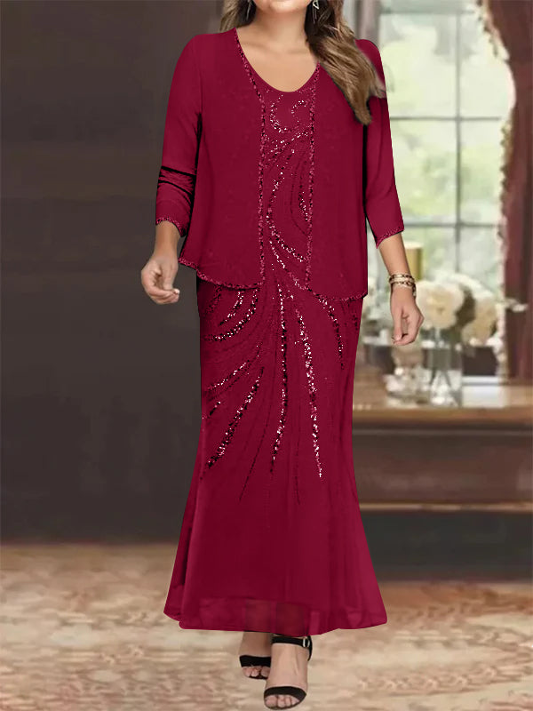 Plus Size V Neck Ankle Sheath Dress With Sequins Jacket For Mother Of The Bride