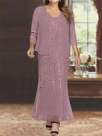 Plus Size V Neck Ankle Sheath Dress With Sequins Jacket For Mother Of The Bride