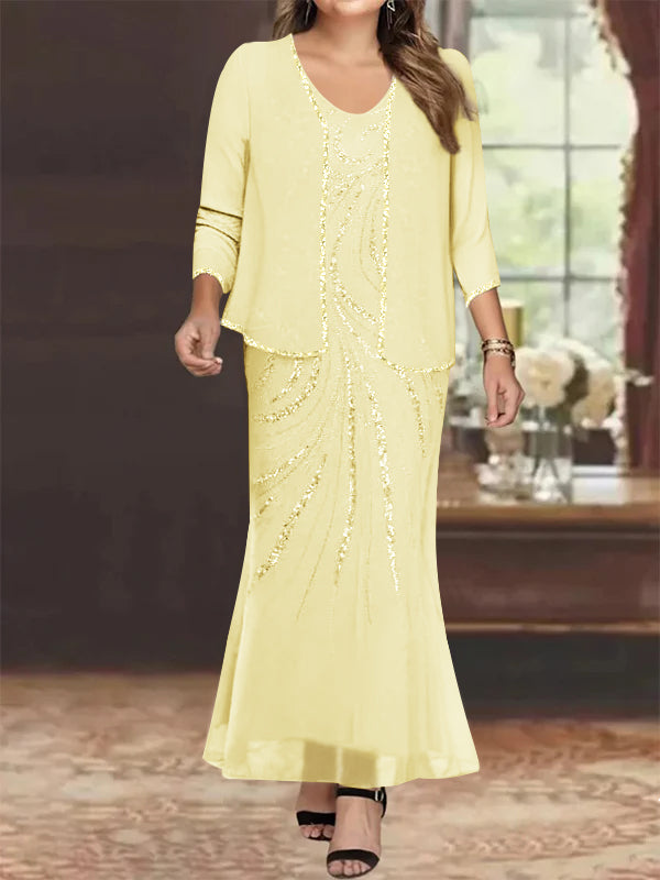 Plus Size V Neck Ankle Sheath Dress With Sequins Jacket For Mother Of The Bride