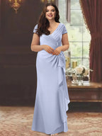 V-Neck Short-Sleeve Floor-Length Sheath Dress for the Mother of the Bride with Ruffles and Appliques