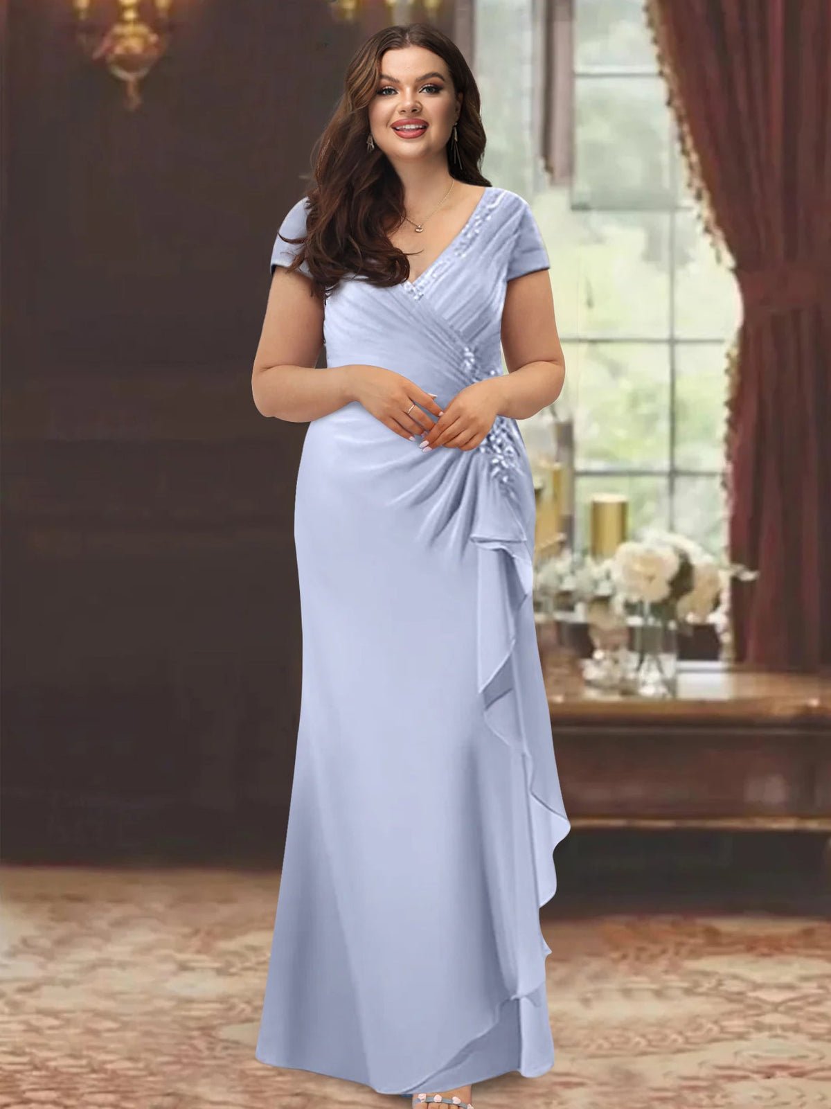 V-Neck Short-Sleeve Floor-Length Sheath Dress for the Mother of the Bride with Ruffles and Appliques