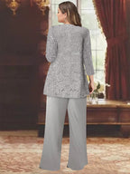 Plus Size Chiffon Mother of the Bride Pantsuit with Sequined Jacket