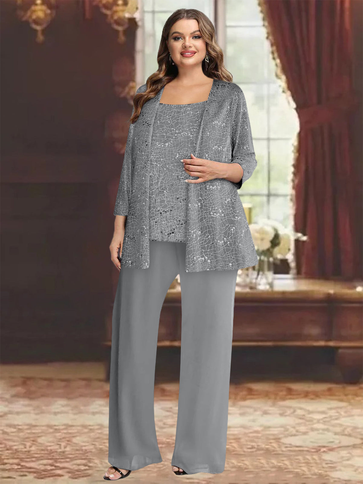 Plus Size Chiffon Mother of the Bride Pantsuit with Sequined Jacket