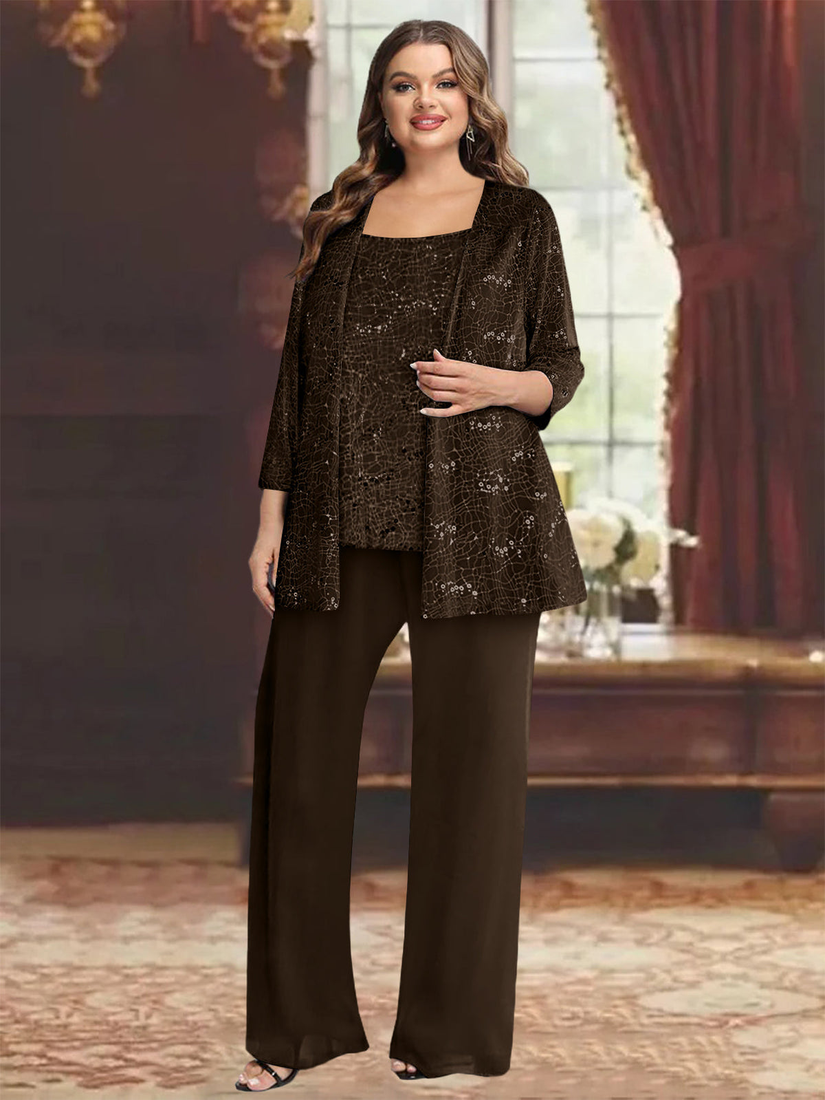 Plus Size Chiffon Mother of the Bride Pantsuit with Sequined Jacket