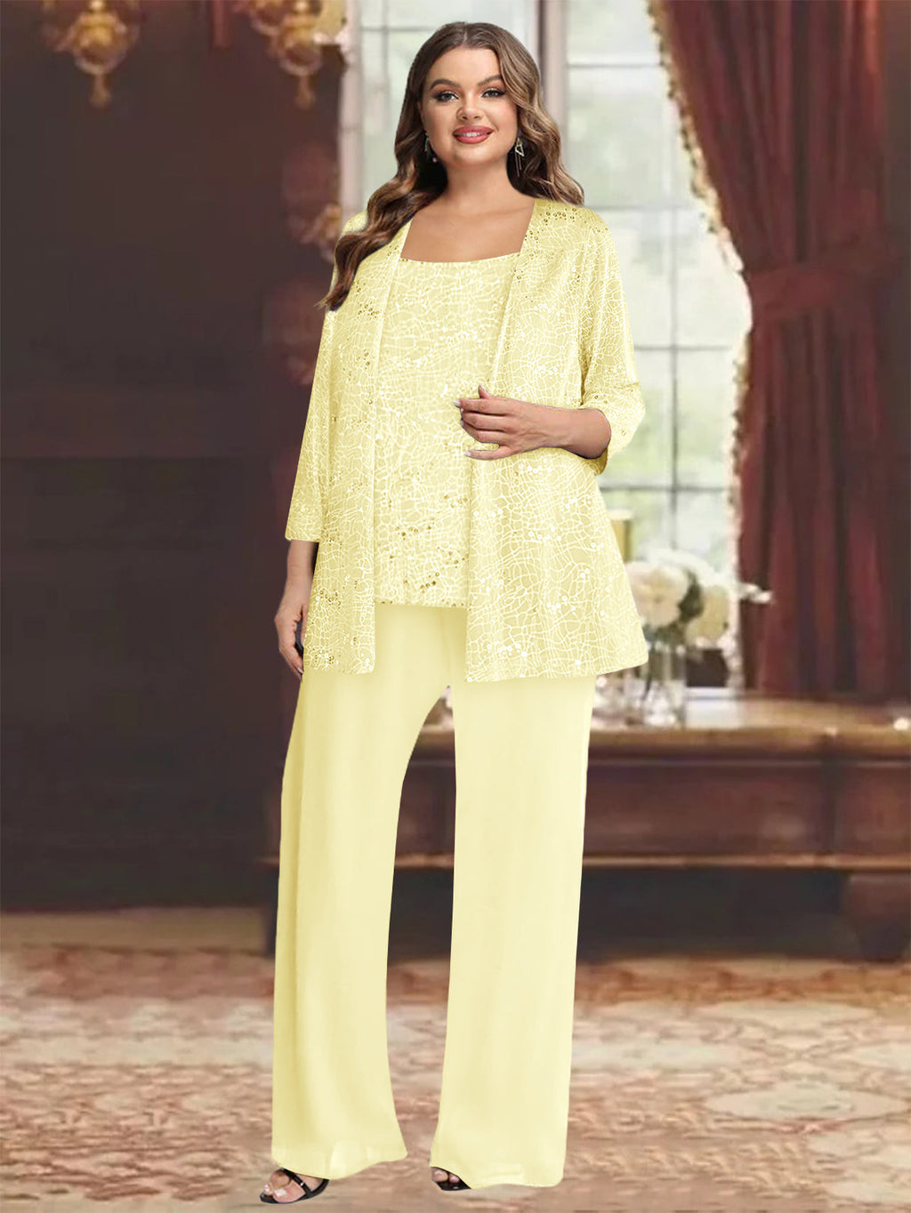 Plus Size Chiffon Mother of the Bride Pantsuit with Sequined Jacket