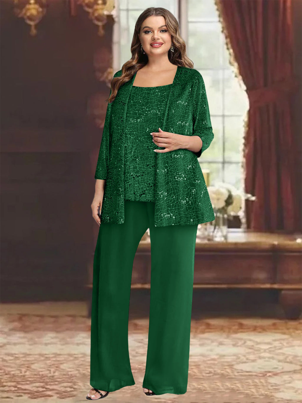 Plus Size Chiffon Mother of the Bride Pantsuit with Sequined Jacket