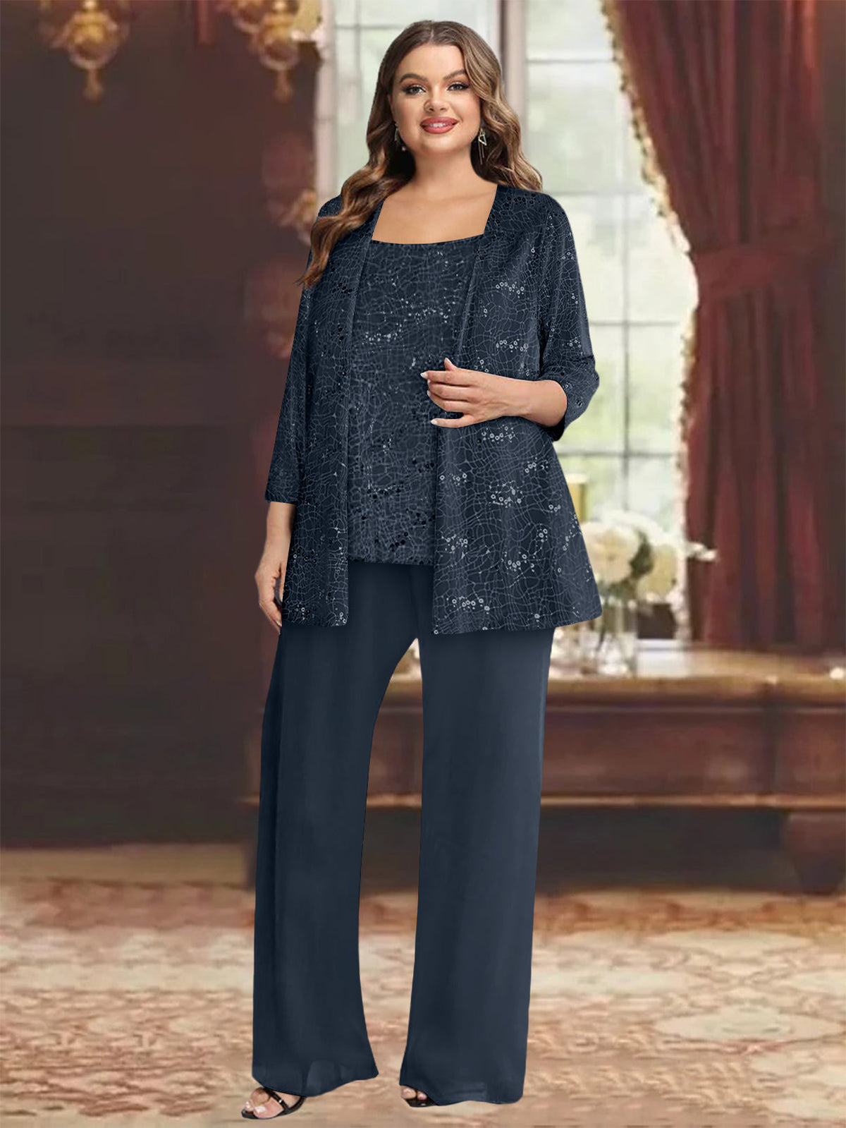 Plus Size Chiffon Mother of the Bride Pantsuit with Sequined Jacket