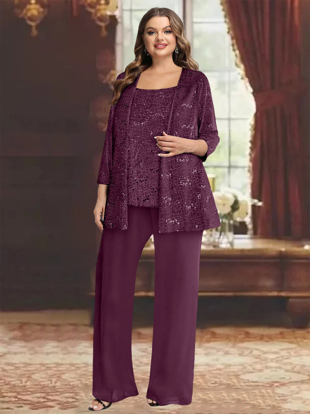 Plus Size Chiffon Mother of the Bride Pantsuit with Sequined Jacket