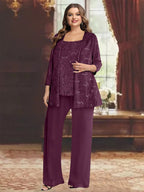 Plus Size Chiffon Mother of the Bride Pantsuit with Sequined Jacket