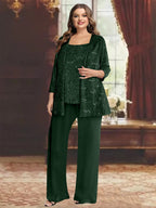 Plus Size Chiffon Mother of the Bride Pantsuit with Sequined Jacket