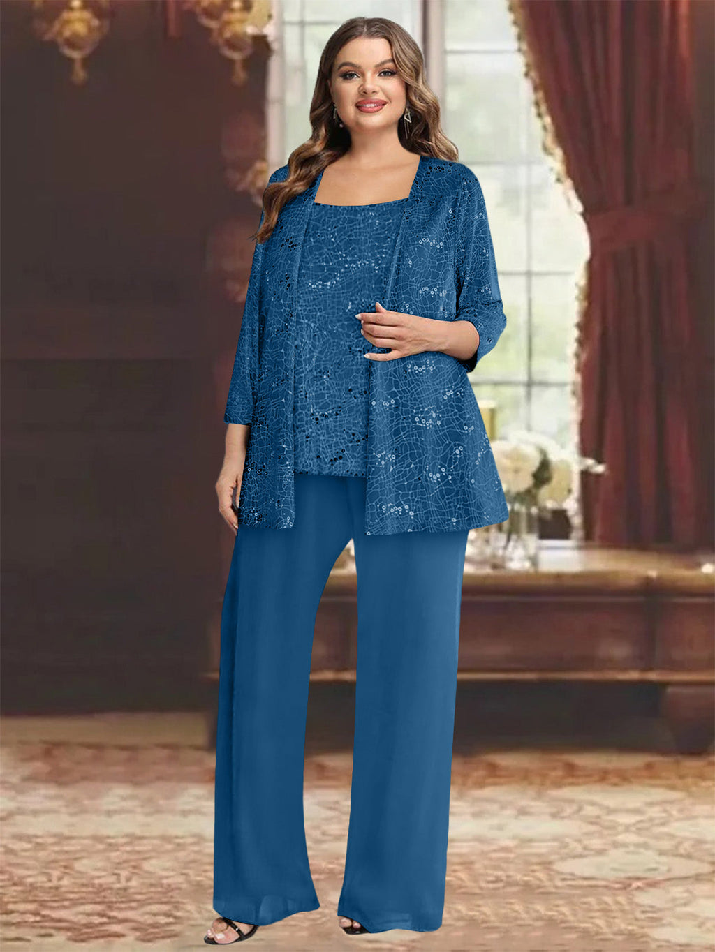 Plus Size Chiffon Mother of the Bride Pantsuit with Sequined Jacket