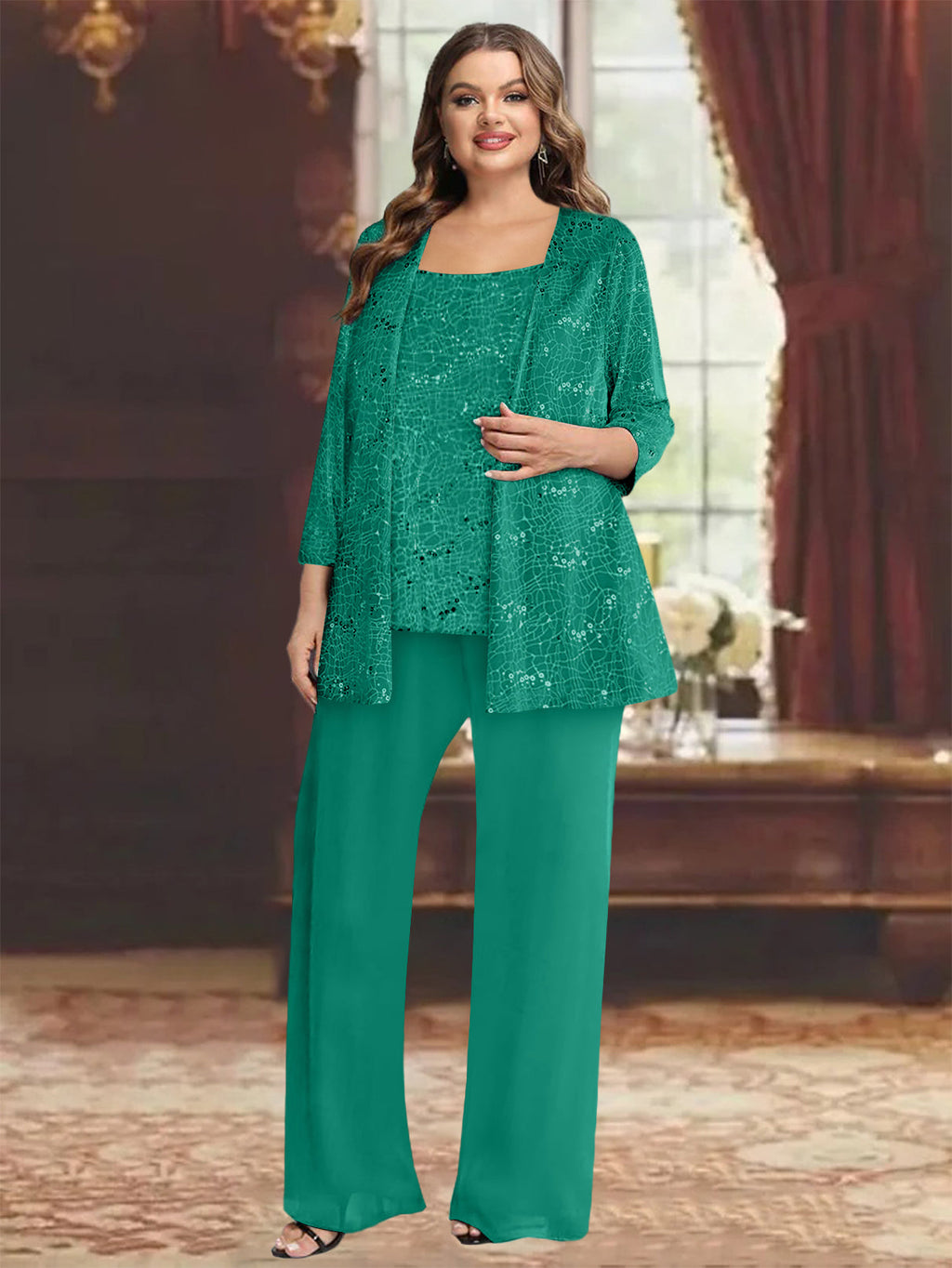 Plus Size Chiffon Mother of the Bride Pantsuit with Sequined Jacket