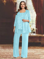 Plus Size Chiffon Mother of the Bride Pantsuit with Sequined Jacket