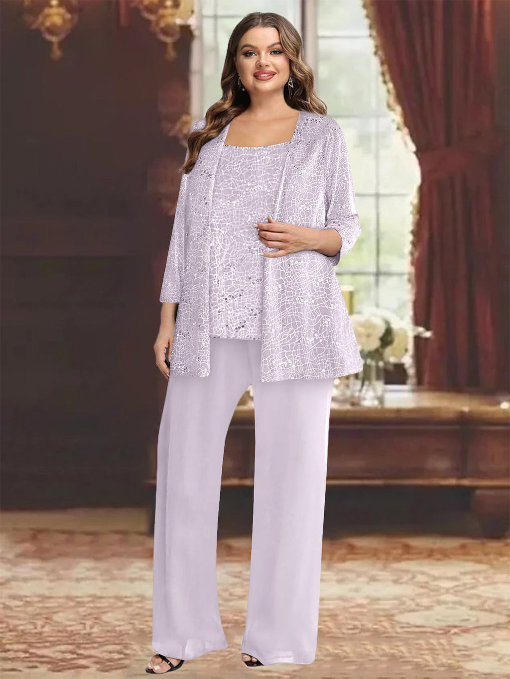 Plus Size Chiffon Mother of the Bride Pantsuit with Sequined Jacket