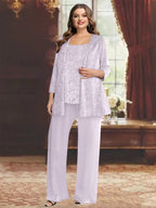 Plus Size Chiffon Mother of the Bride Pantsuit with Sequined Jacket