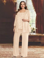 Plus Size Chiffon Mother of the Bride Pantsuit with Sequined Jacket