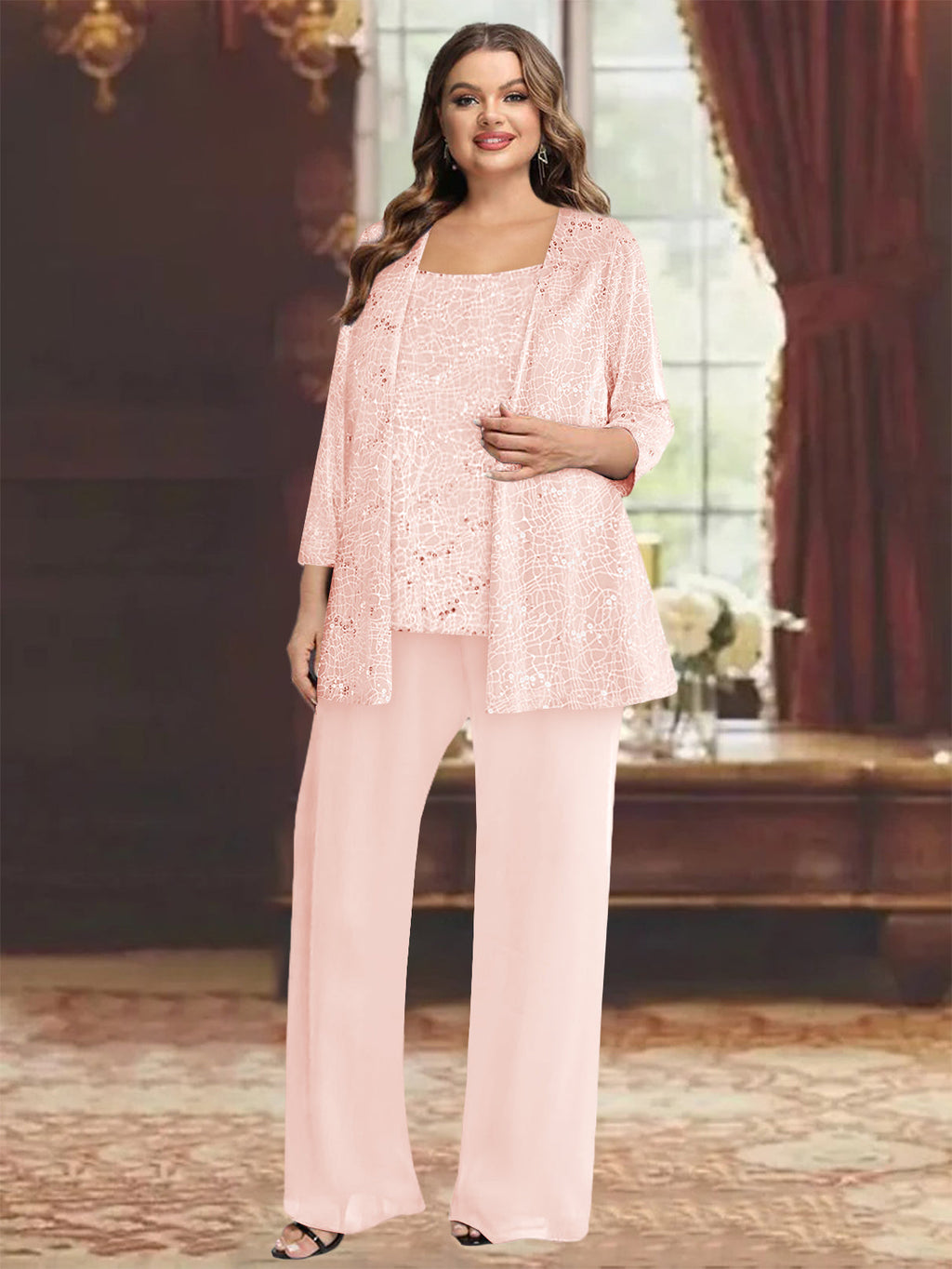 Plus Size Chiffon Mother of the Bride Pantsuit with Sequined Jacket