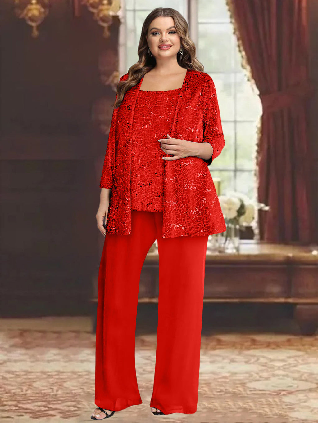 Plus Size Chiffon Mother of the Bride Pantsuit with Sequined Jacket