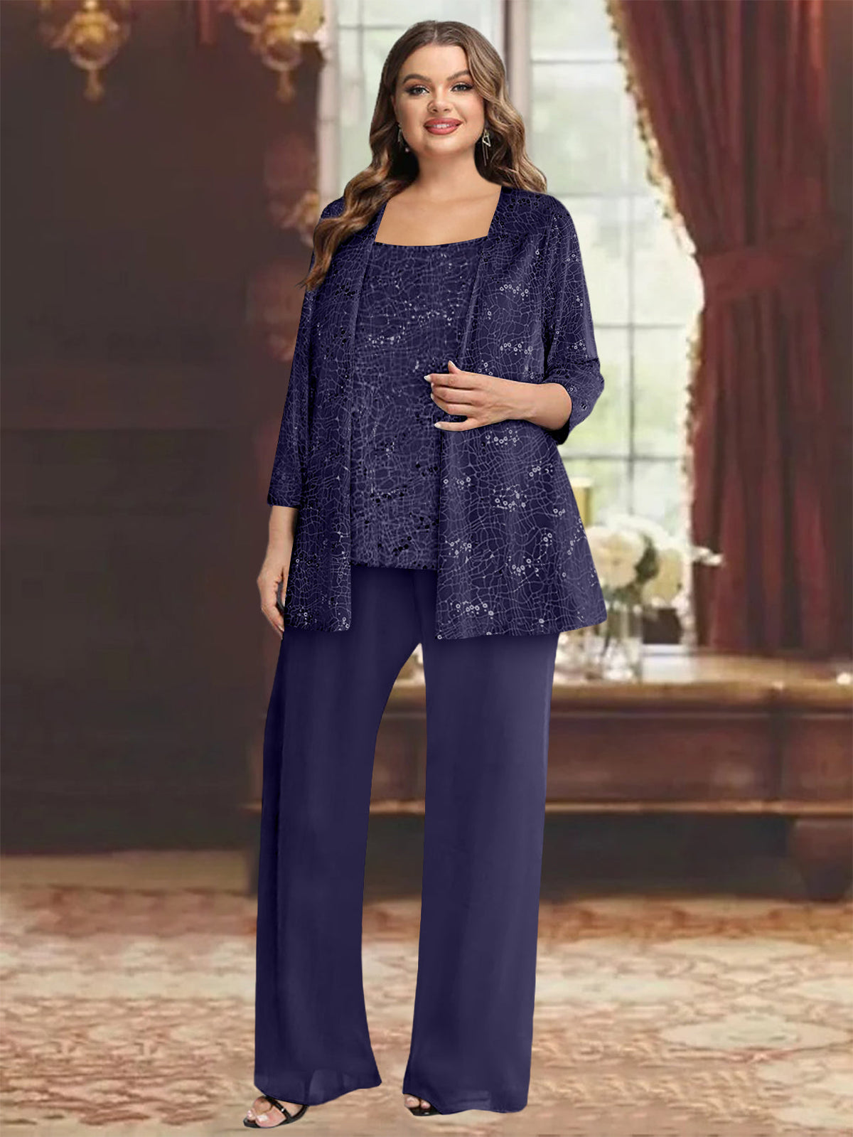 Plus Size Chiffon Mother of the Bride Pantsuit with Sequined Jacket