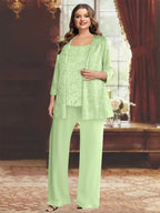 Plus Size Chiffon Mother of the Bride Pantsuit with Sequined Jacket