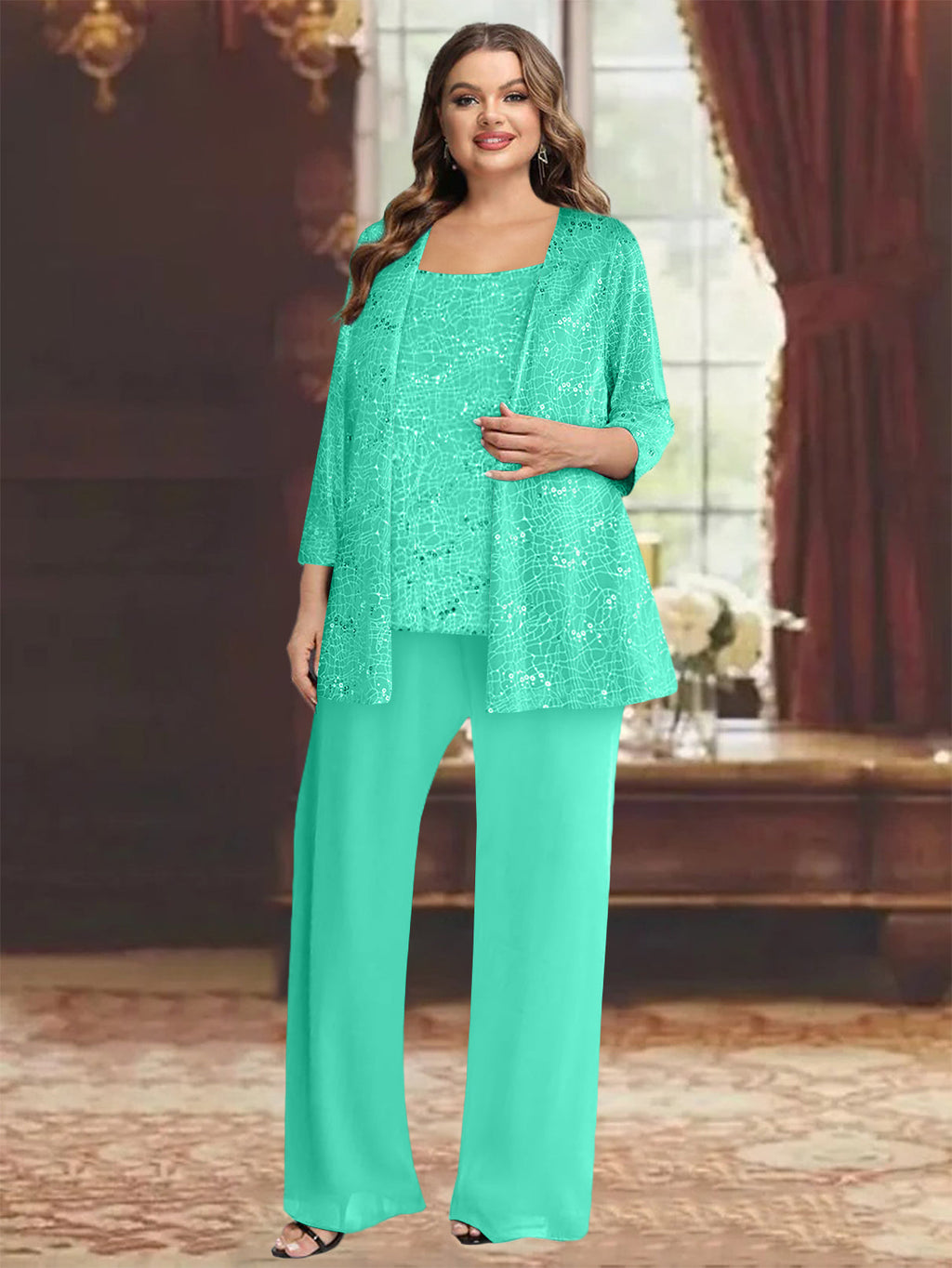 Plus Size Chiffon Mother of the Bride Pantsuit with Sequined Jacket