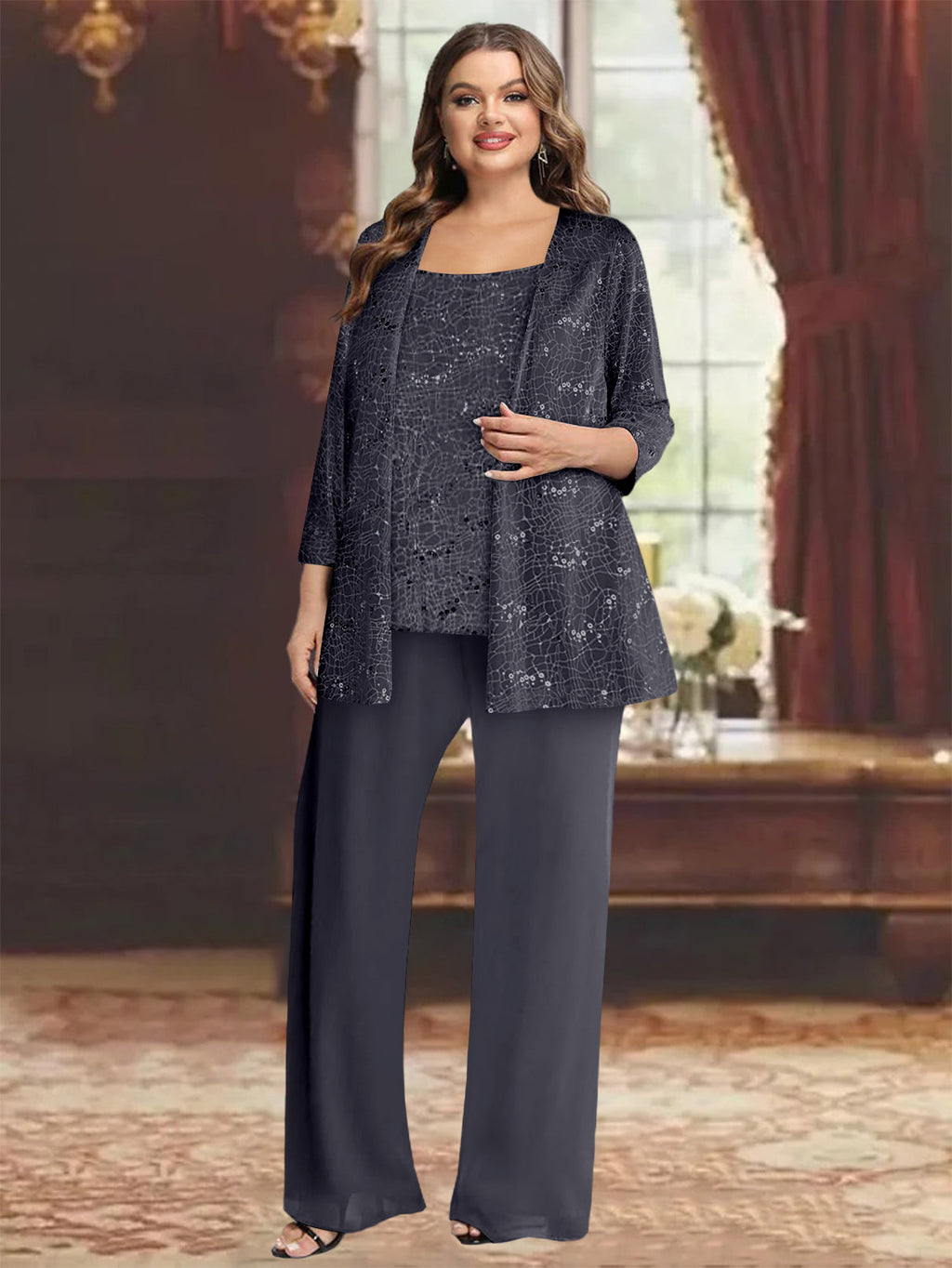Plus Size Chiffon Mother of the Bride Pantsuit with Sequined Jacket