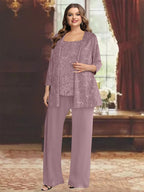 Plus Size Chiffon Mother of the Bride Pantsuit with Sequined Jacket