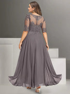 Plus Size Ankle Length Chiffon Pantsuit For Mother Of The Bride Lace Jewel Neck