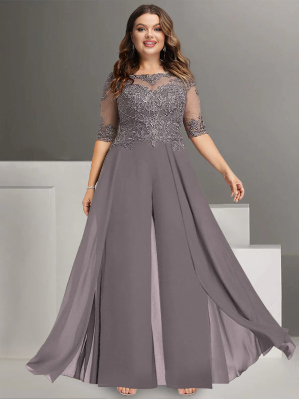 Ankle Length Mother Of The Bride Chiffon Pantsuit With Lace And Jewel Neckline