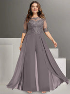 Plus Size Ankle Length Chiffon Pantsuit For Mother Of The Bride Lace Jewel Neck