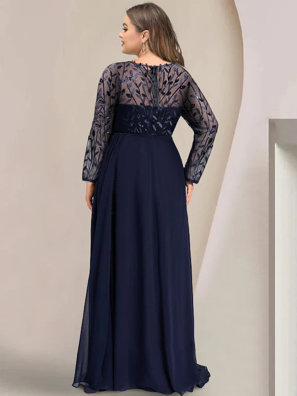 Plus Size Floor Length Mother Of The Bride Dress With Scoop Neck Long Sleeves