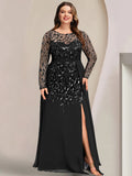 Plus Size Floor Length Mother Of The Bride Dress With Scoop Neck Long Sleeves
