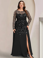 Plus Size Floor Length Mother Of The Bride Dress With Scoop Neck Long Sleeves