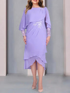 Plus Size Tea Length Mother Of The Bride Dress With Lace Appliques Short Sleeves