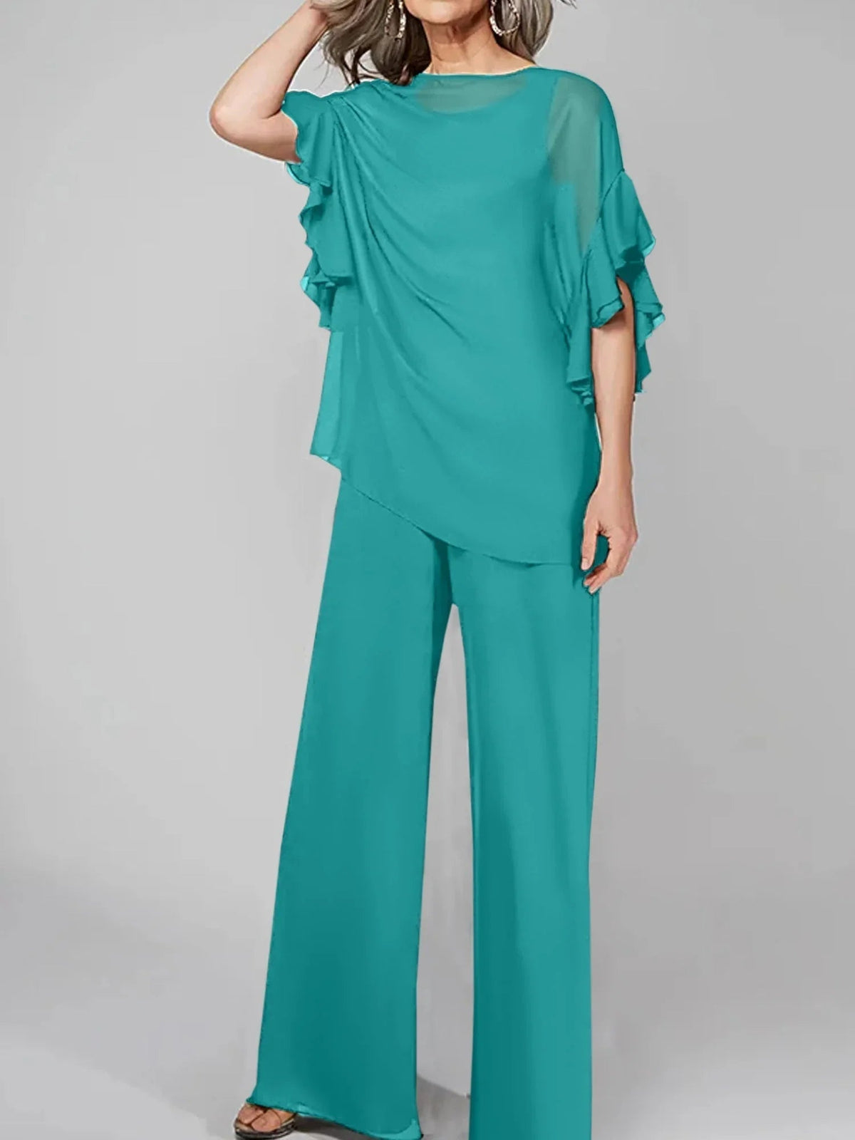 Tute intere con scollo rotondo e maniche a metà, in chiffon, completi pantalone per la madre della sposa