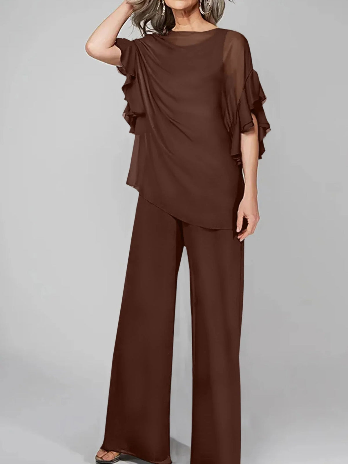 Tute intere con scollo rotondo e maniche a metà, in chiffon, completi pantalone per la madre della sposa