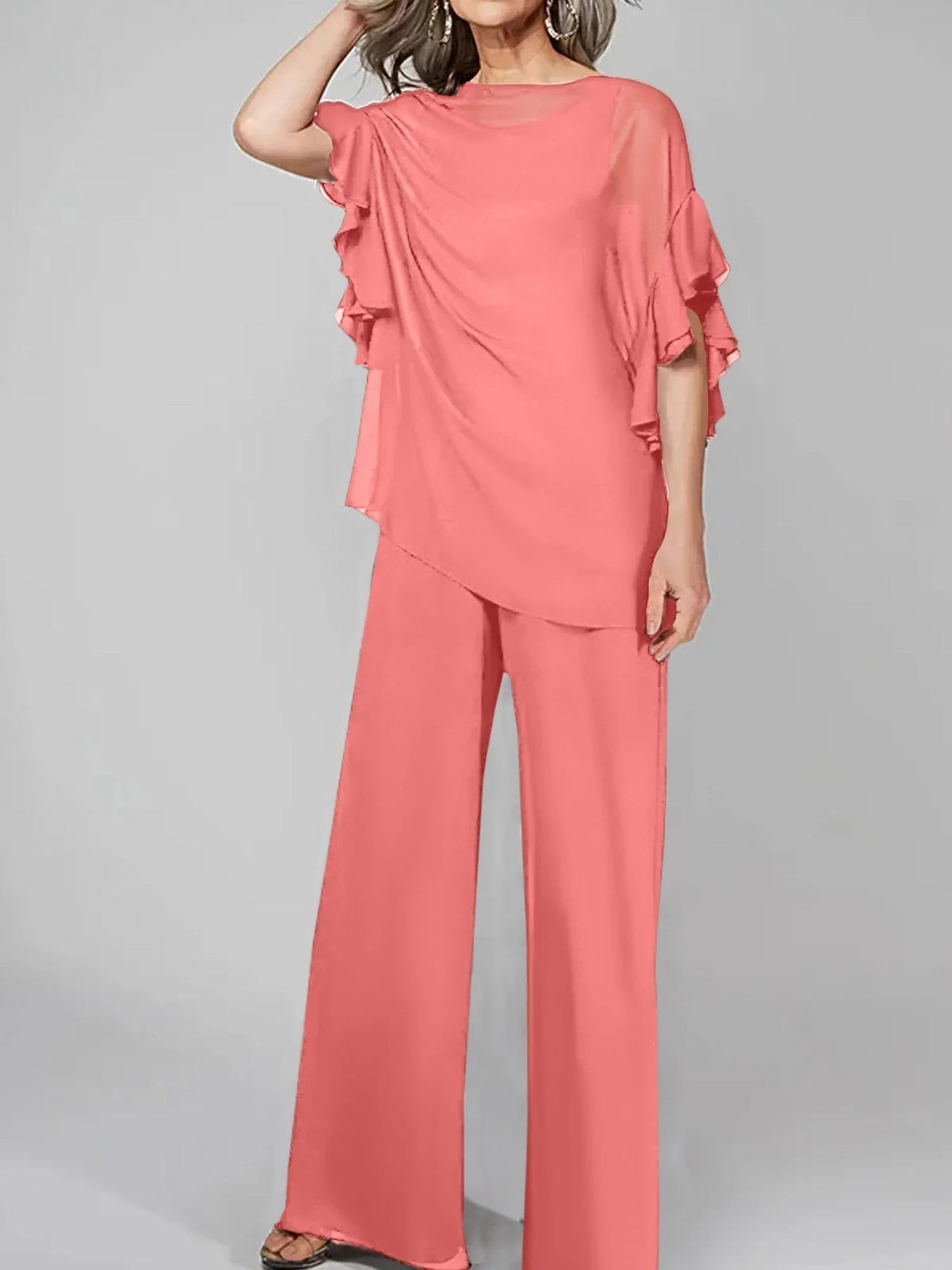 Tute intere con scollo rotondo e maniche a metà, in chiffon, completi pantalone per la madre della sposa