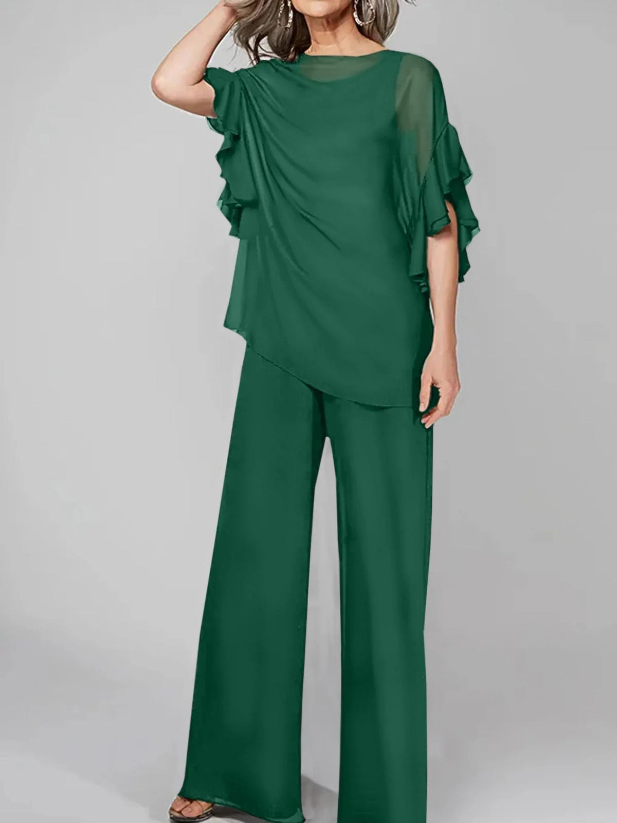 Tute intere con scollo rotondo e maniche a metà, in chiffon, completi pantalone per la madre della sposa