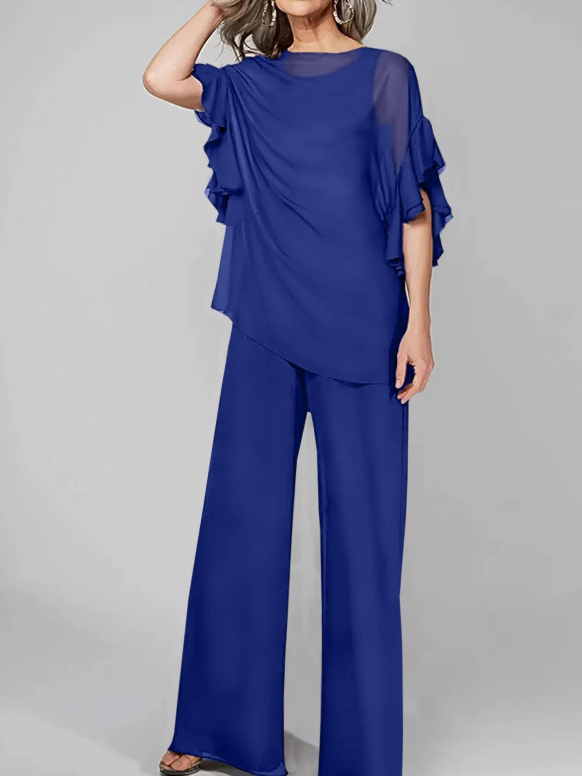 Tute intere con scollo rotondo e maniche a metà, in chiffon, completi pantalone per la madre della sposa