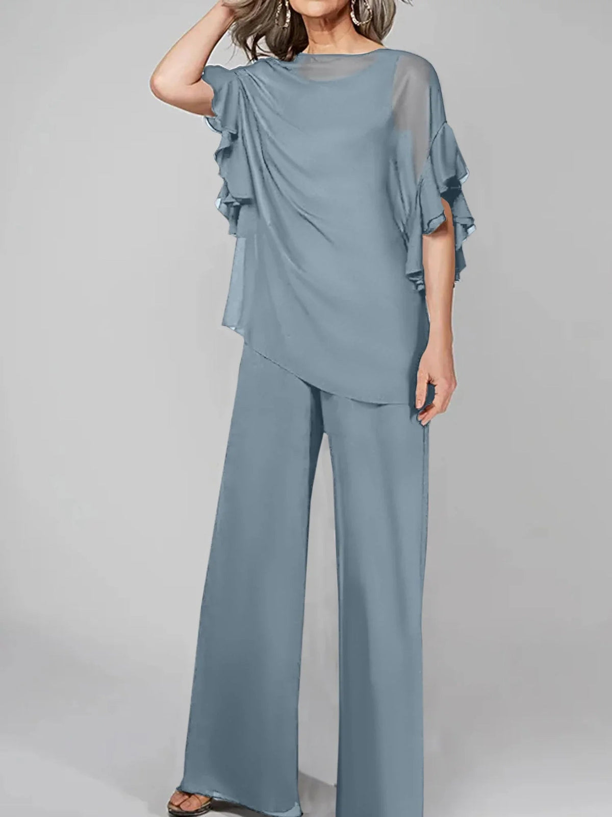 Tute intere con scollo rotondo e maniche a metà, in chiffon, completi pantalone per la madre della sposa