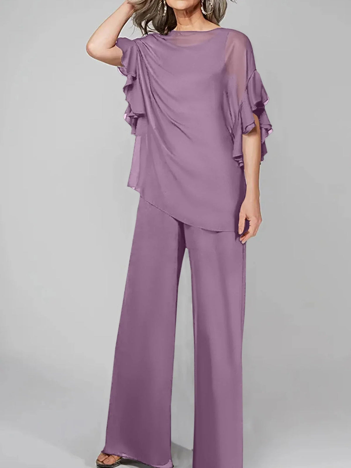 Tute intere con scollo rotondo e maniche a metà, in chiffon, completi pantalone per la madre della sposa