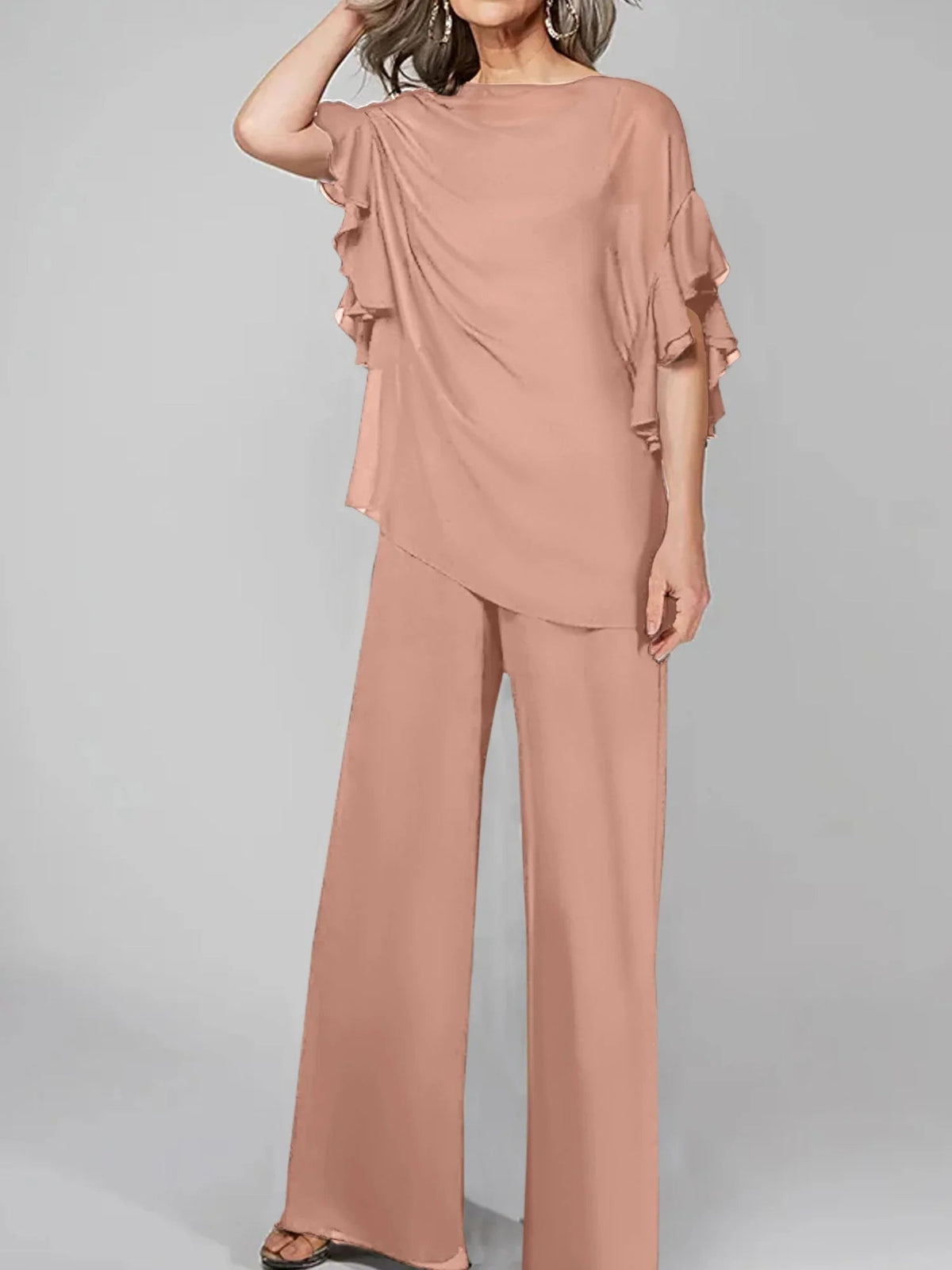Tute intere con scollo rotondo e maniche a metà, in chiffon, completi pantalone per la madre della sposa