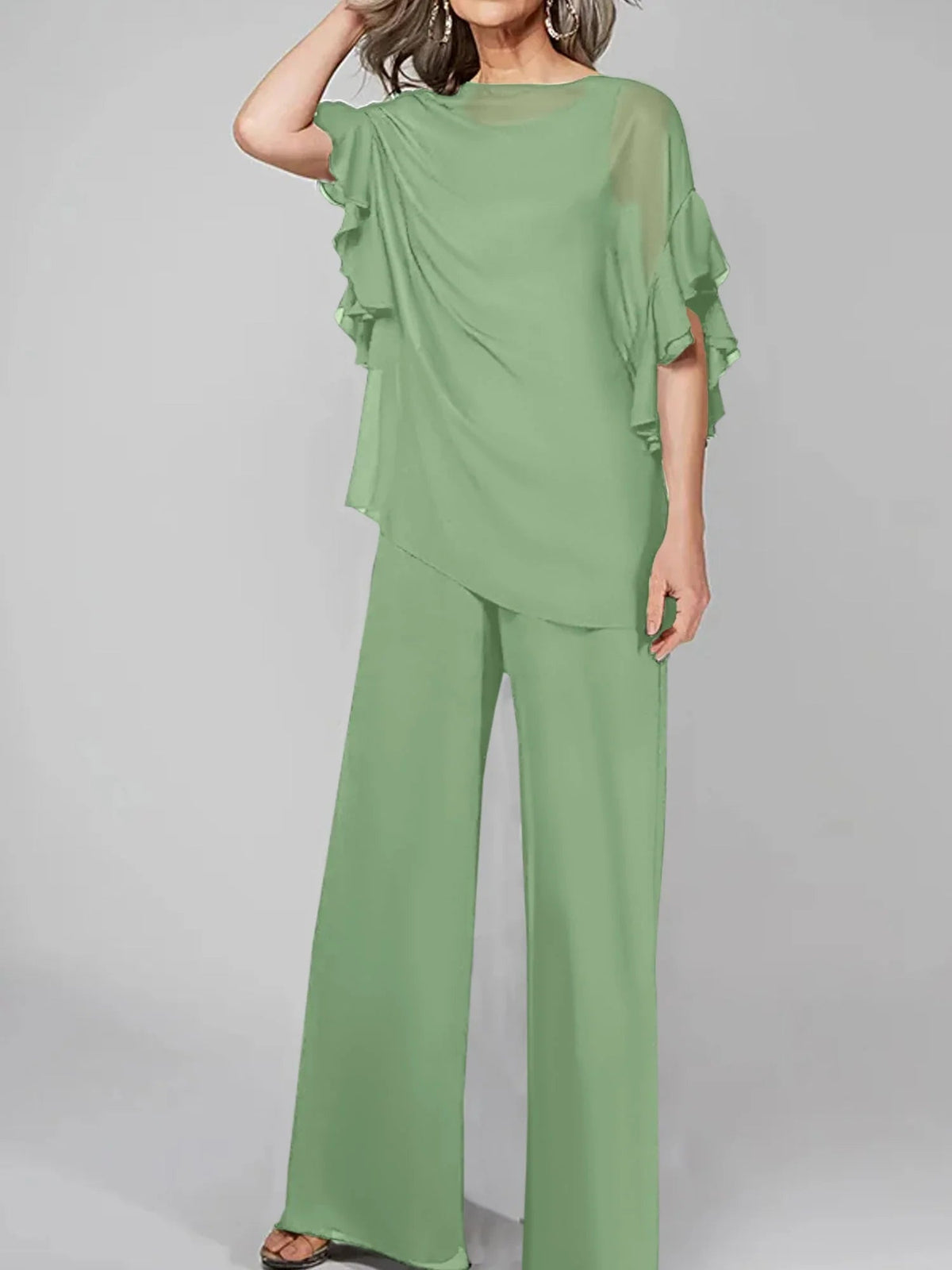 Tute intere con scollo rotondo e maniche a metà, in chiffon, completi pantalone per la madre della sposa
