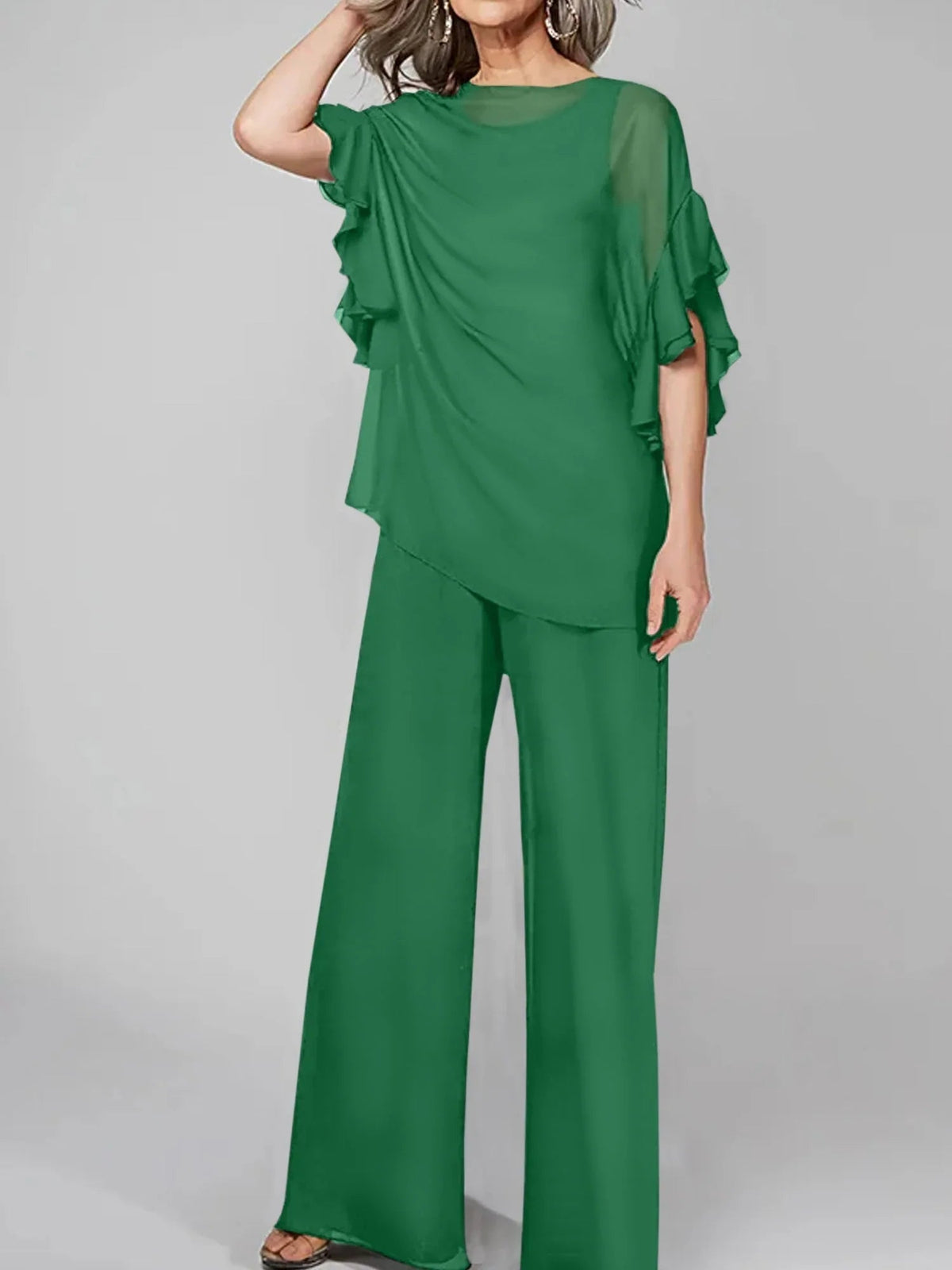 Tute intere con scollo rotondo e maniche a metà, in chiffon, completi pantalone per la madre della sposa
