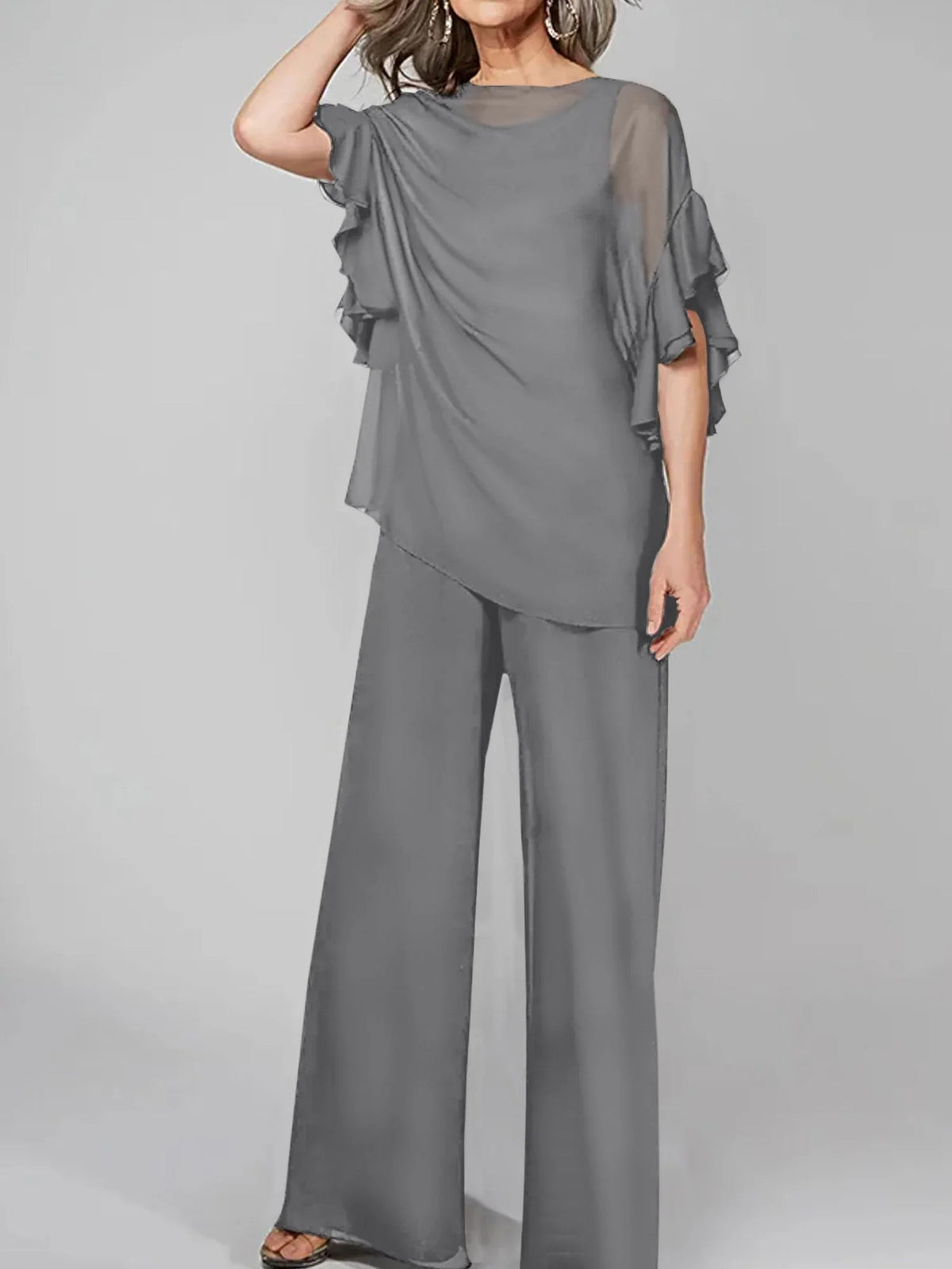 Tute intere con scollo rotondo e maniche a metà, in chiffon, completi pantalone per la madre della sposa